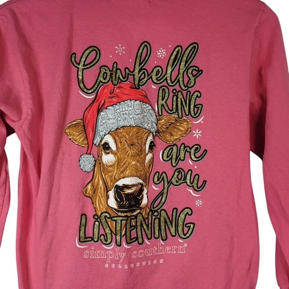 Simply Southern Christmas Cows TShirt Pink Large Cowbells Ring Are You Listening